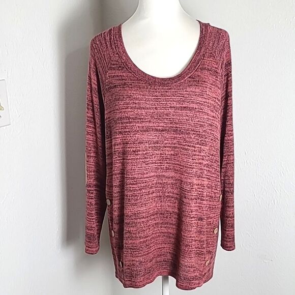 Perch Pink & Black Tweed Sweater with Tan Side Buttons & Elbow Patches, Size 2X - Picture 2 of 8